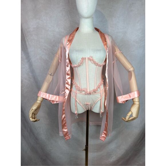 Vintage Under Bust Corset Lingerie Set 4pc Sheer Pink Ruffle Robe 90s RARE XS S - Picture 1 of 10